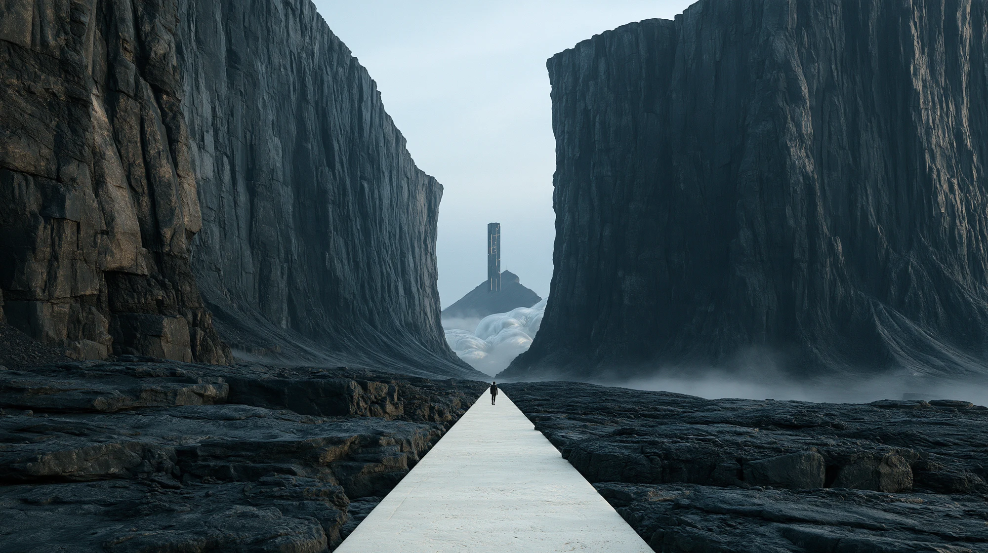 Original generated landscape of basalt architecture and an illuminated path